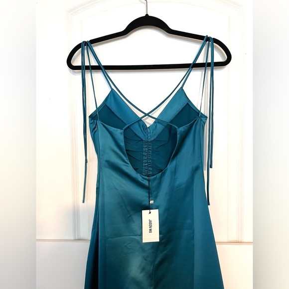 Jason Wu Teal Turquoise Satin Tie Strap low black slip midi dress ruched XS - Picture 4 of 14